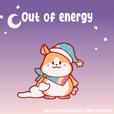 A Cartoon Of A Hamster Wearing A Sleep Cap With The Words Out Of Energy Above It GIF