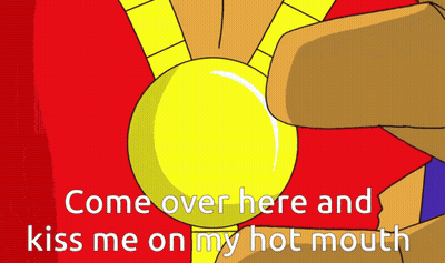 A Cartoon Of A Hand Holding A Gold Medal With The Words " Come Over Here And Kiss Me On My Hot Mouth " GIF