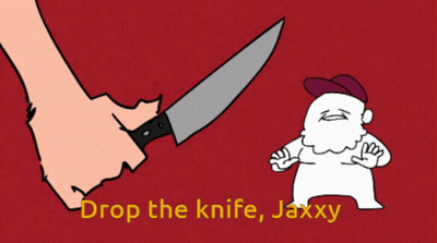 A Cartoon Of A Hand Holding A Knife And The Words Drop The Knife Jaxxy Below It GIF