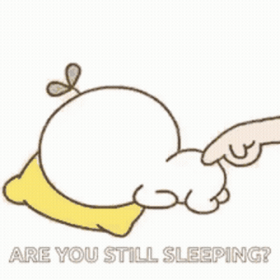 A Cartoon Of A Hand Pointing At A Pillow With The Words `` Are You Still Sleeping '' Written Below It . GIF