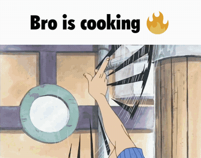 A Cartoon Of A Hand Pointing At A Window With The Words Bro Is Cooking Below It GIF