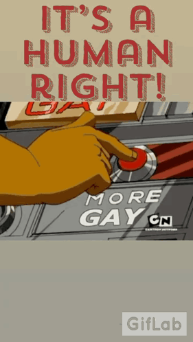 A Cartoon Of A Hand Pressing A Button That Says " It 'S A Human Right " GIF