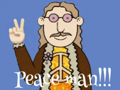 A Cartoon Of A Hippie Giving A Peace Sign With The Words Peaceman !!! Below Him GIF