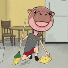 A Cartoon Of A Hippo Holding A Broom And A Scoop GIF