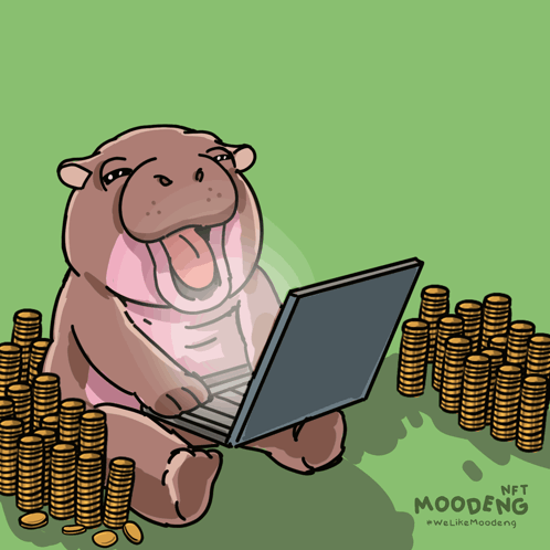 A Cartoon Of A Hippo Using A Laptop Surrounded By Gold Coins GIF