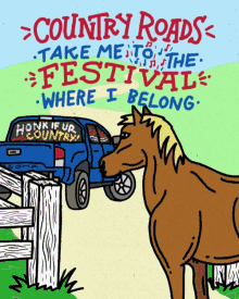 A Cartoon Of A Horse And A Truck That Says Country Roads GIF