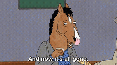 A Cartoon Of A Horse Holding A Drink And Saying " And Now It 'S All Gone " GIF