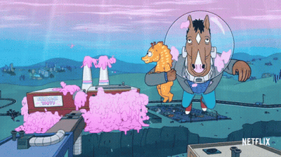 A Cartoon Of A Horse Holding A Stuffed Animal In Front Of A Factory That Says Vancouver World GIF