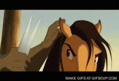 A Cartoon Of A Horse With A Knife In Its Mouth And The Words Make Gifs At Gifsoup.com On The Bottom GIF