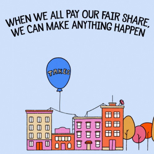 A Cartoon Of A Hospital With A Blue Balloon That Says Taxes GIF