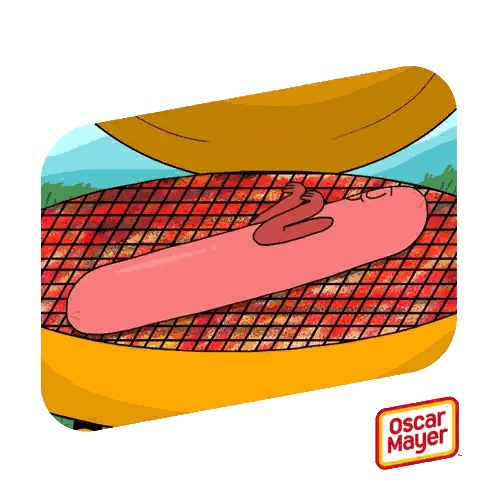 A Cartoon Of A Hot Dog On A Grill With Oscar Mayer Written On The Bottom Sticker