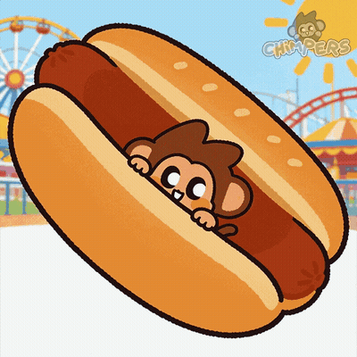 A Cartoon Of A Hot Dog With A Monkey Peeking Out Of It And The Word Chimpanzee On The Bottom GIF