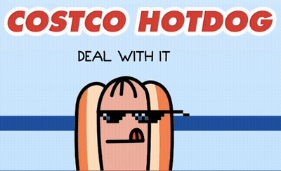 A Cartoon Of A Hotdog Wearing Sunglasses And The Words Costco Hotdog Above It GIF