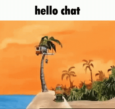 A Cartoon Of A House On A Palm Tree On A Beach With The Words `` Hello Chat '' Above It . GIF