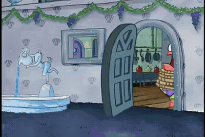 A Cartoon Of A House With A Fountain And A Door Open GIF
