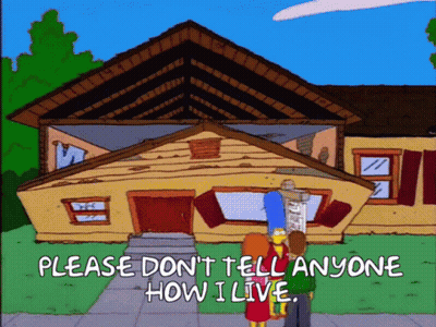A Cartoon Of A House With The Words " Please Don T Tell Anyone How I Live " GIF