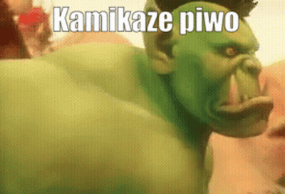 A Cartoon Of A Hulk With The Words Kamikaze Piwo Written On It . GIF
