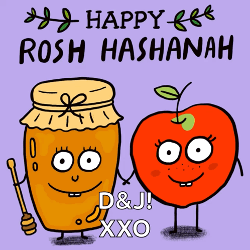 A Cartoon Of A Jar Of Honey And An Apple Holding Hands With The Words Happy Rosh Hashanah GIF