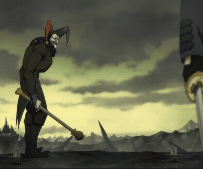A Cartoon Of A Jester Holding A Sword GIF