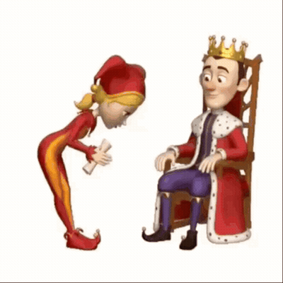 A Cartoon Of A Jester Standing Next To A King Sitting On A Throne . GIF
