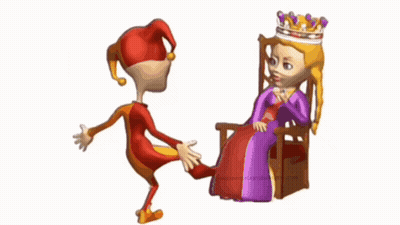 A Cartoon Of A Jester Standing Next To A Princess In A Chair With A Crown On Her Head GIF