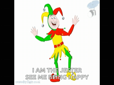 A Cartoon Of A Jester With The Words " I Am The Jester See Me Being Happy " GIF