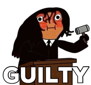 A Cartoon Of A Judge Holding A Hammer Behind A Podium With The Word Guilty Below Him GIF