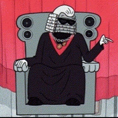 A Cartoon Of A Judge Wearing Sunglasses And A Wig Sitting In A Chair GIF