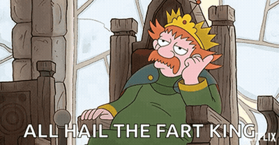A Cartoon Of A King Sitting On A Throne With The Words `` All Hail The Fart King '' . GIF