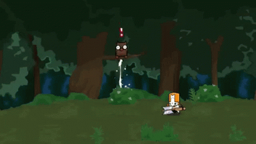 A Cartoon Of A Knight Holding A Sword In A Forest With An Owl Hanging From A Tree Branch GIF