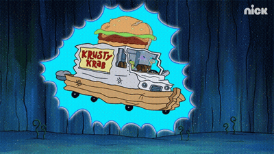 A Cartoon Of A Krusty Krab Truck Flying Through A Portal GIF