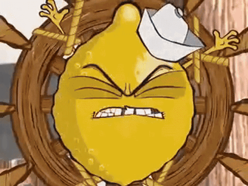 A Cartoon Of A Lemon Wearing A Sailor Hat And Steering Wheel GIF