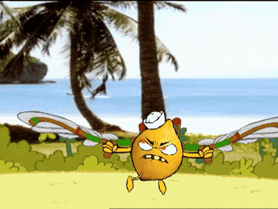 A Cartoon Of A Lemon Wearing A White Hat And Holding A Gun GIF