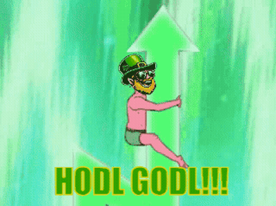 A Cartoon Of A Leprechaun Holding A Green Arrow With The Words Hodl Godl GIF