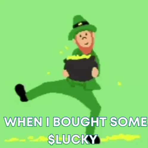 A Cartoon Of A Leprechaun Holding A Pot Of Gold With The Words When I Bought Some $ Lucky Below Him GIF
