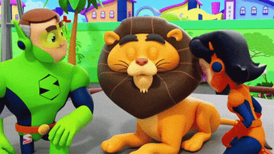 A Cartoon Of A Lion And Two Superhero Characters GIF