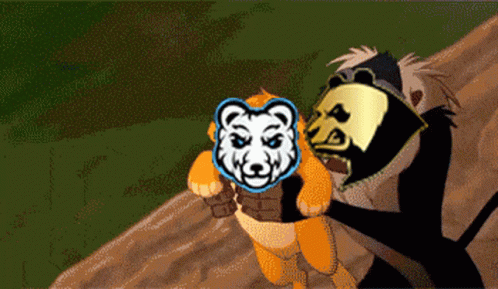 A Cartoon Of A Lion Holding A Bear With A Mask On It GIF