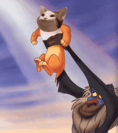A Cartoon Of A Lion Holding A Cat On Its Back GIF