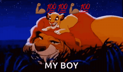 A Cartoon Of A Lion Laying On Top Of Another Lion With The Words " My Boy " Below It GIF