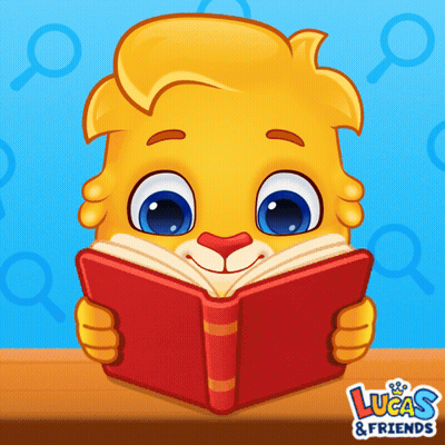 A Cartoon Of A Lion Reading A Book With Lucas & Friends Written On The Bottom Right GIF