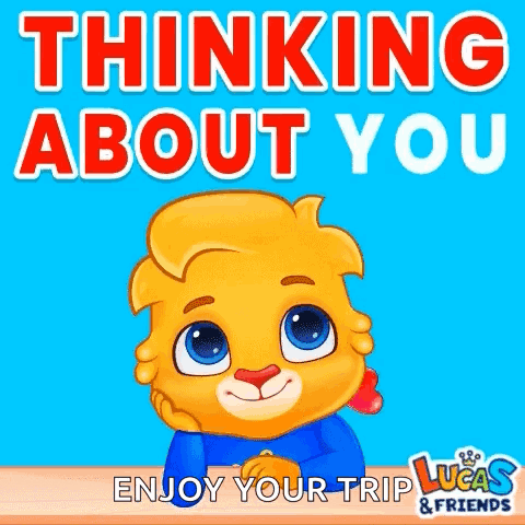 A Cartoon Of A Lion Sitting At A Table With The Words `` Thinking About You Enjoy Your Trip '' . GIF