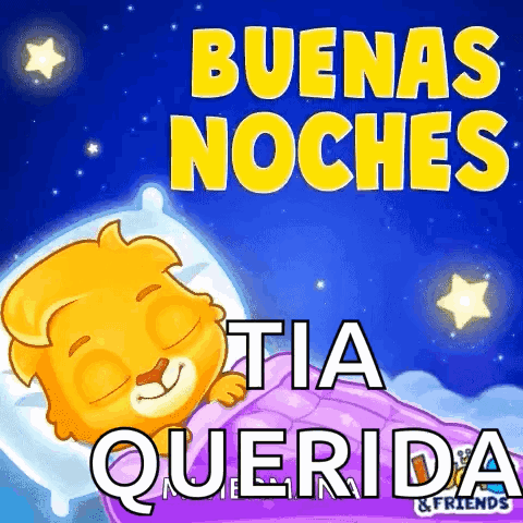 A Cartoon Of A Lion Sleeping In A Bed With The Words Buenas Noches Tia Querida Written On It . GIF