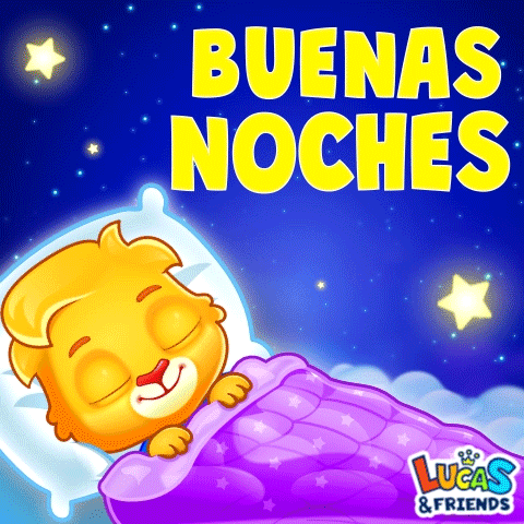 A Cartoon Of A Lion Sleeping Under A Purple Blanket With The Words " Buenas Noches " Above It GIF