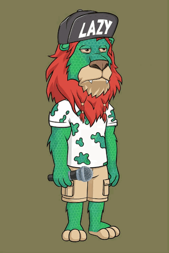 A Cartoon Of A Lion Wearing A Lazy Hat And Holding A Microphone GIF
