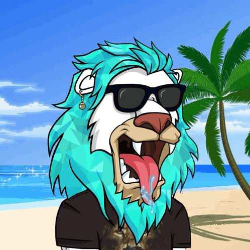 A Cartoon Of A Lion With Blue Hair And Sunglasses GIF