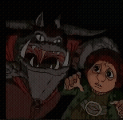 A Cartoon Of A Little Boy Standing Next To A Large Monster . GIF