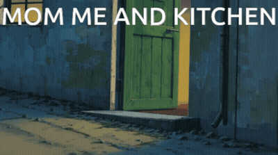 A Cartoon Of A Little Girl Holding A Broom With The Words Mom Me And Kitchen Above Her GIF