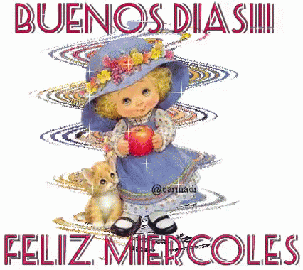 A Cartoon Of A Little Girl Holding An Apple And A Cat With The Words Buenos Dias Feliz Miercoles GIF