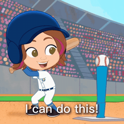 A Cartoon Of A Little Girl Playing Baseball With The Words I Can Do This Below Her GIF