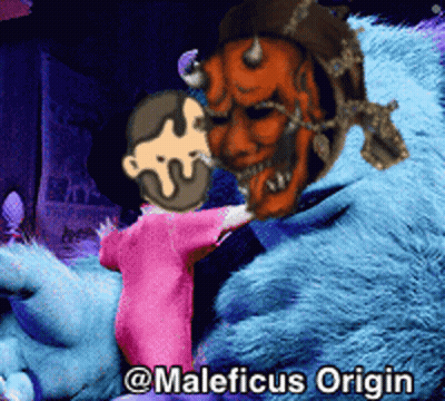 A Cartoon Of A Little Girl Standing Next To A Monster With Maleficus Origin Written Below It GIF
